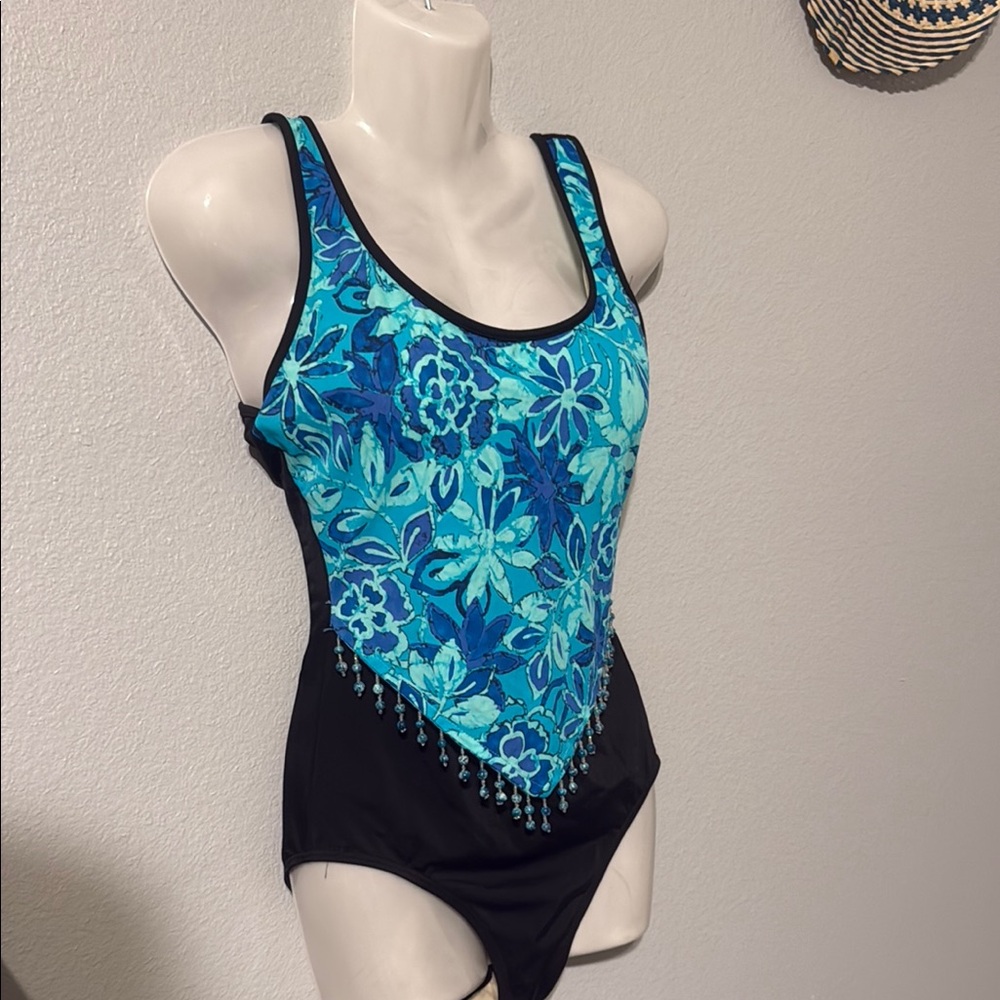 Floral Blue and Black One-Piece Swimsuit